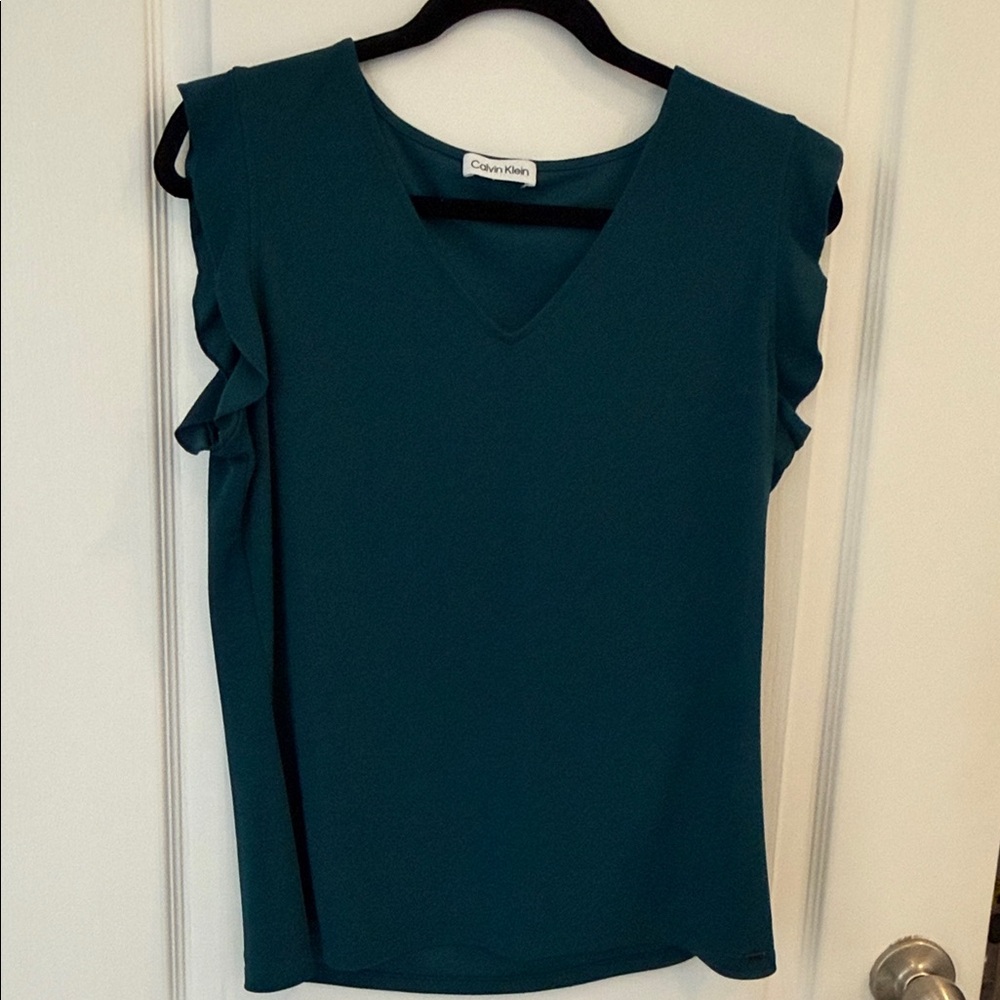Calvin Klein Teal V-Neck Ruffle Blouse